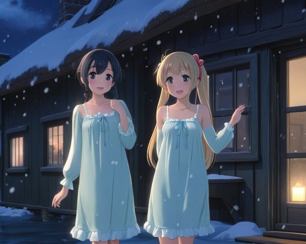 Young Women in Nightgowns by Snowy Cabin