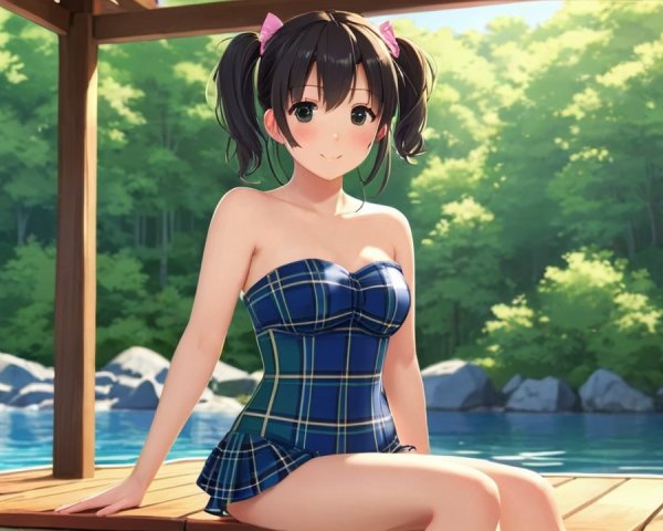 Young girl in blue swimsuit by serene lake dock