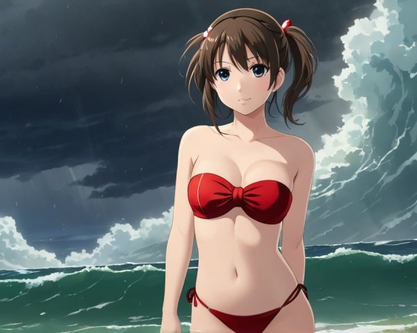 Young woman in red bikini at stormy beach scene