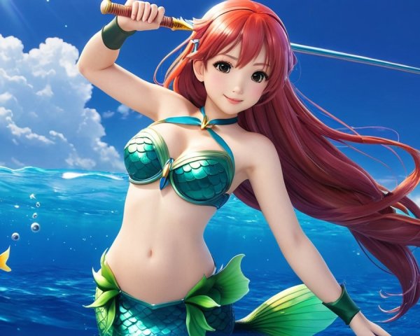 Mermaid with Red Hair in Vibrant Ocean Scene