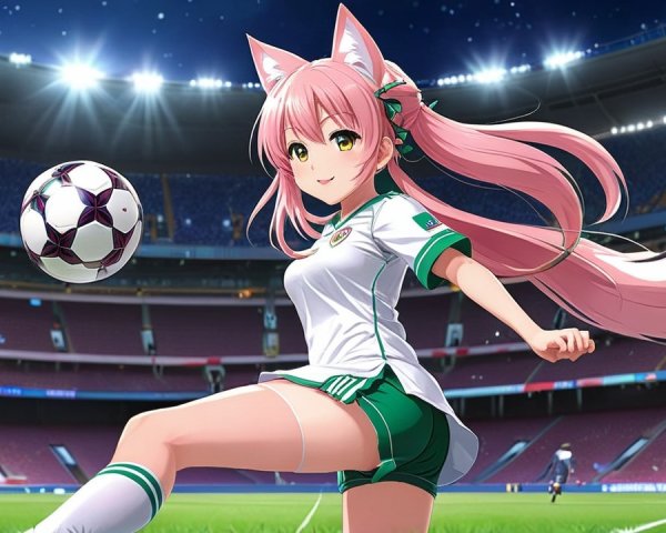 Animated character with fox ears playing soccer