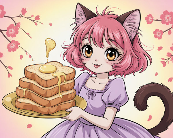 Anime-style Cat Girl Presenting French Toast Plate