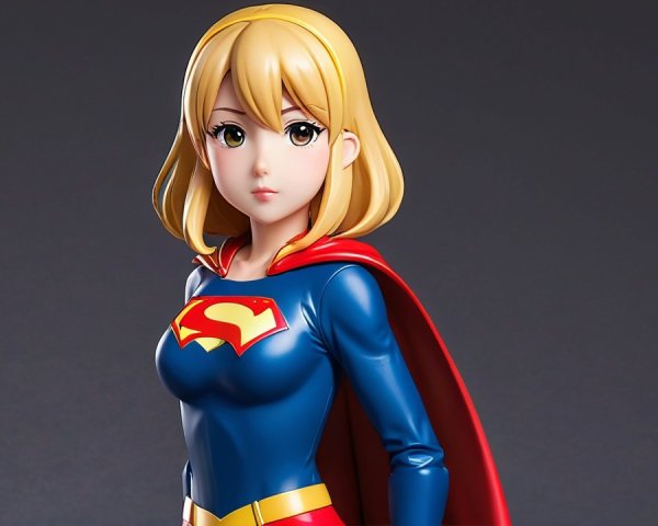 Dynamic Superheroine Figure with Red Cape and Blue Costume