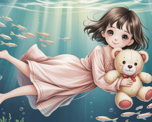 Anime Girl Floating Underwater with Teddy Bear