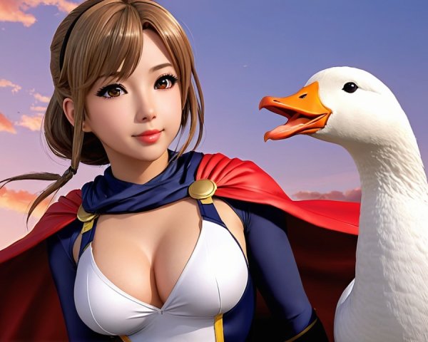 Superhero Character with Goose Against Sunset Sky