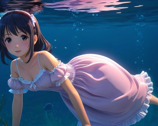 Young girl in pink dress swimming underwater with fish