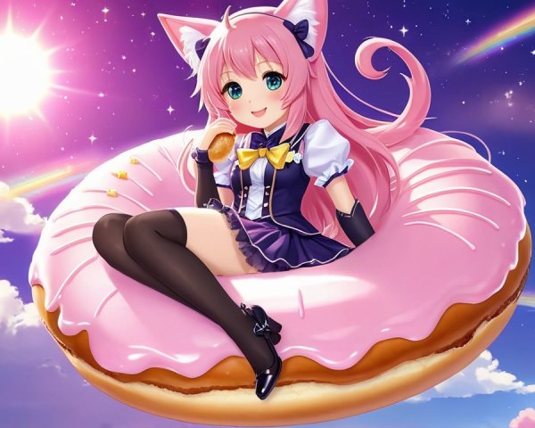 Whimsical anime character on giant pink donut scene