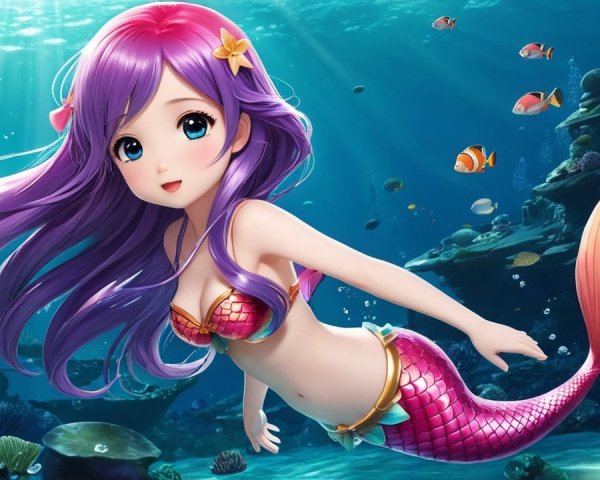 Vibrant Underwater Scene with Cheerful Mermaid
