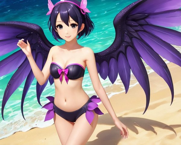 Whimsical Character at Beach with Black Wings and Bikini