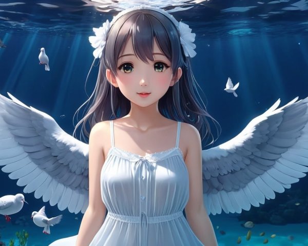 Ethereal figure with wings in tranquil underwater scene