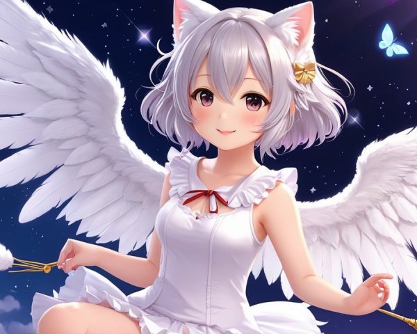 Whimsical Character with Cat Ears and Angel Wings