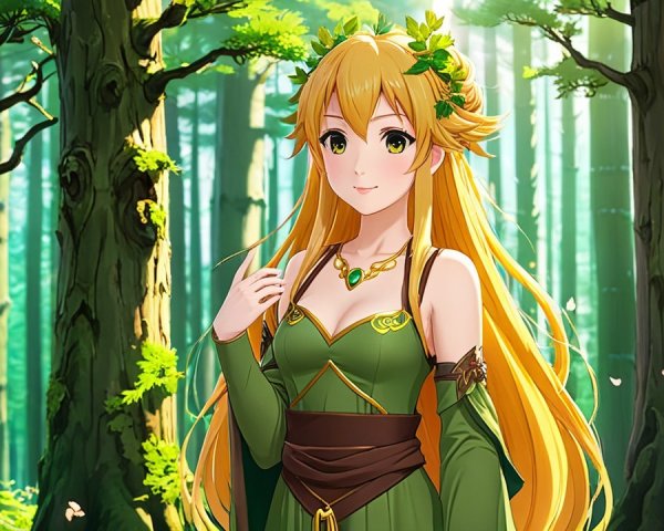 Graceful character in lush forest with sunlight and trees