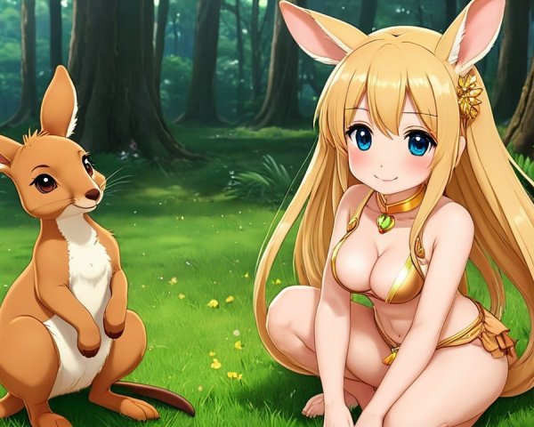 Young girl with bunny ears and kangaroo in forest glade