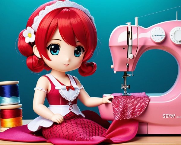 Charming Cartoon Character with Sewing Machine and Fabric