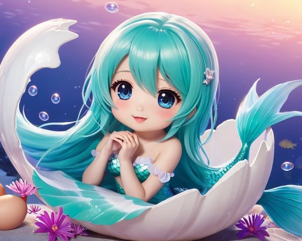 Anime-style mermaid in seashell with corals and bubbles