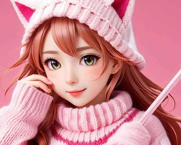 Whimsical Character with Long Hair and Cat Ears Hat