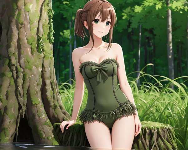 Young girl in olive-green swimsuit by serene water