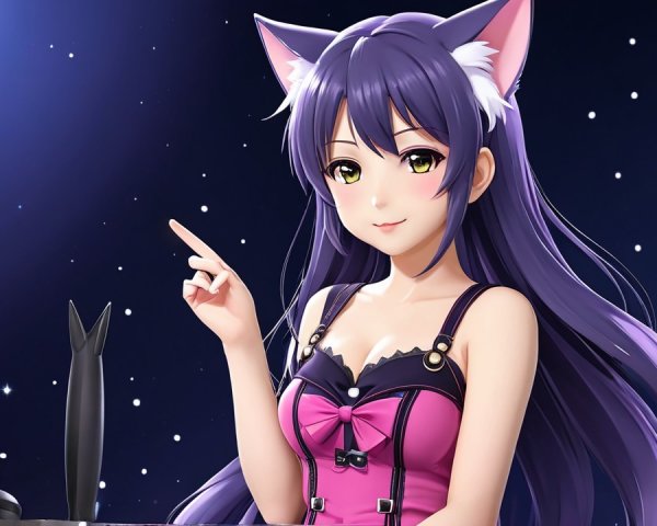 Female Character with Purple Hair and Cat Ears