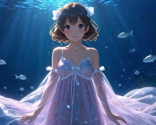 Young woman in flowing gown in serene underwater scene