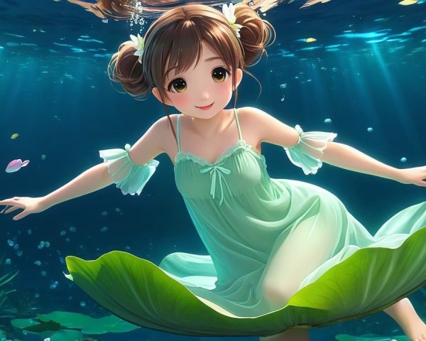Whimsical Underwater Scene with a Young Girl on Lily Pad