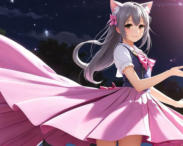 Young girl with cat ears in stylish outfit under stars