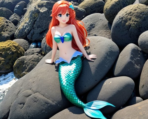 Vibrant Mermaid Doll by Ocean on Dark Rocks