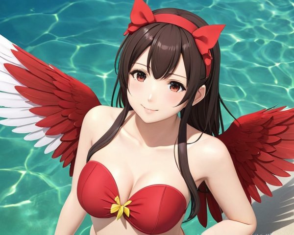 Young woman with red wings by a clear blue pool