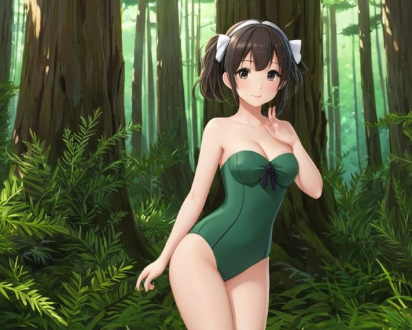 Character in Green Swimsuit in Lush Forest Setting