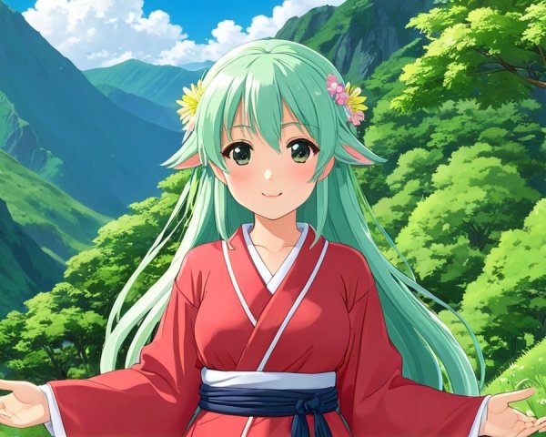Anime-style girl in a red kimono in a lush landscape