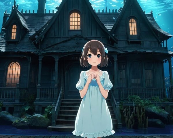 Young girl by a submerged mansion with glowing windows