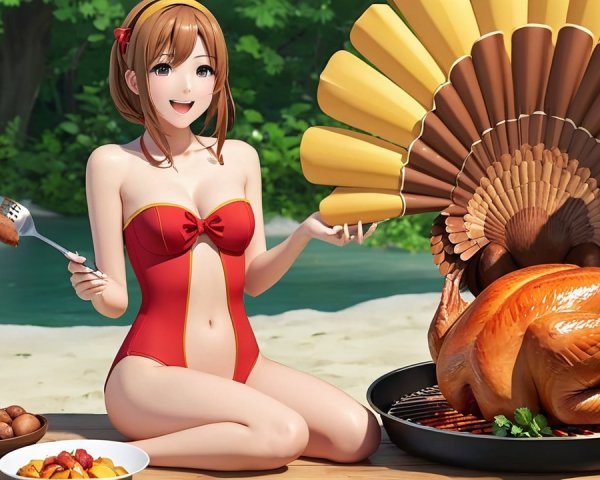 Cheerful Anime Character at Picnic by River