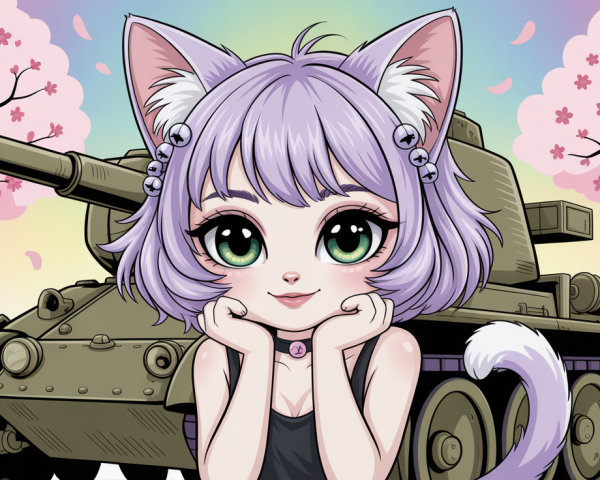 Anime Neko Cat Girl with Purple Hair and Cherry Blossoms