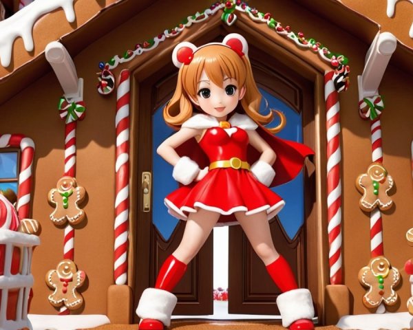 Cheerful Character by Whimsical Gingerbread House
