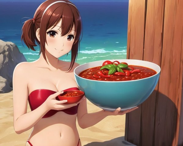 Young Woman with Spicy Sauce on Sunny Beach