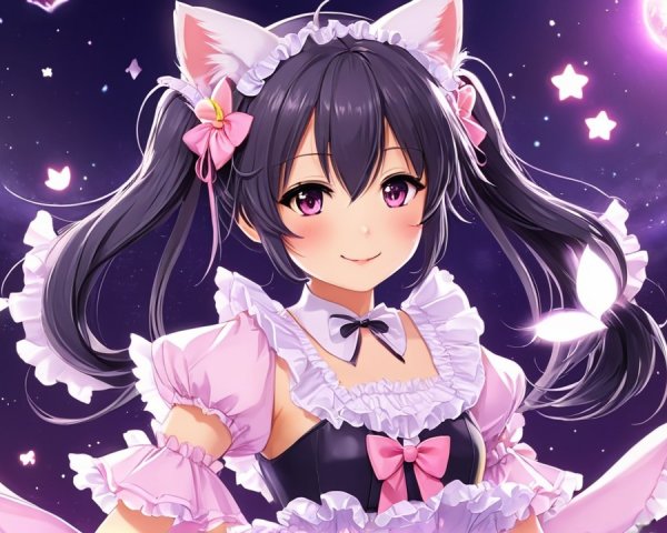 Cute anime girl with black hair and cat ears