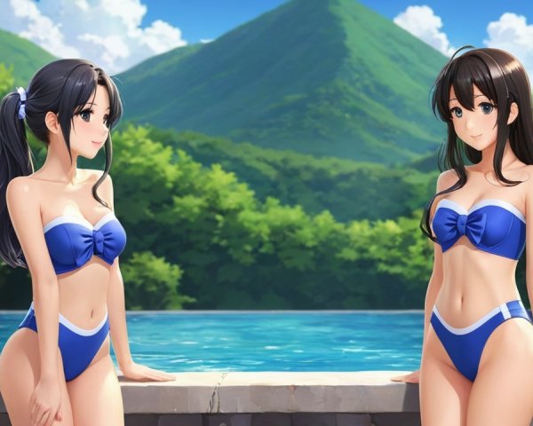 Animated Characters by Pool in Summer Setting