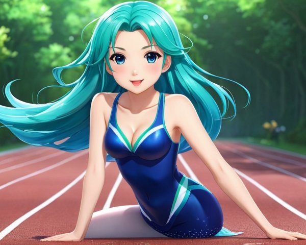 Animated character with turquoise hair on a track