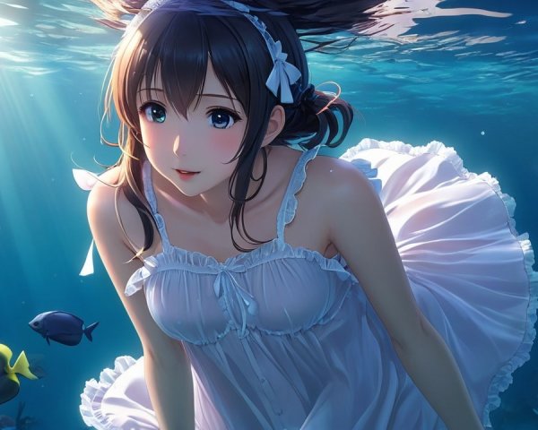 Young woman in white dress submerged in tranquil water