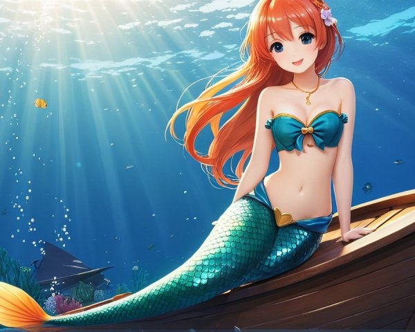 Cheerful mermaid in vibrant underwater scene with fish