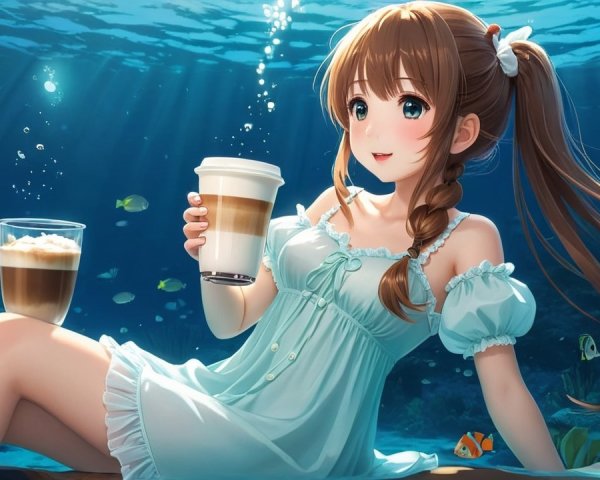 Cheerful girl underwater in blue dress with drinks