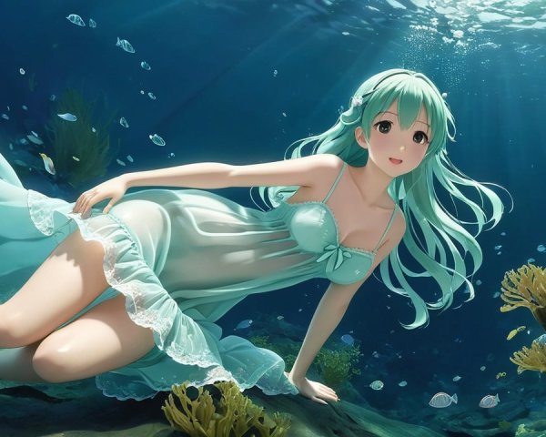 Underwater Scene with Girl and Vibrant Coral Reef