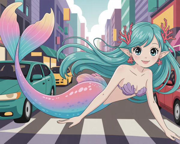 Manga Style Mermaid in City with Colorful Tail