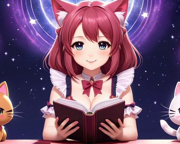 Cheerful anime girl with cats in a starry scene