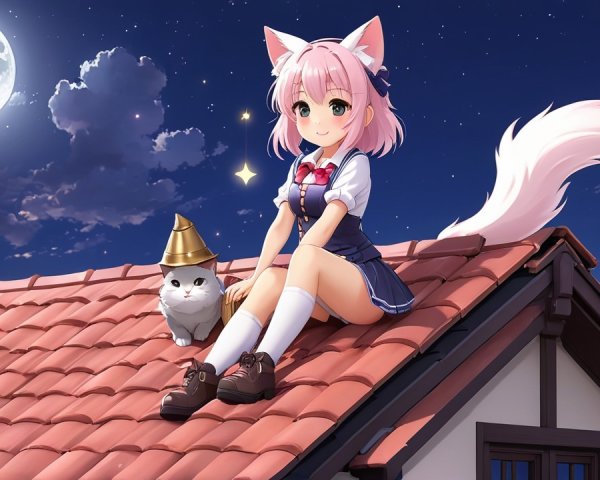 Cheerful anime girl with cat ears on a rooftop at night