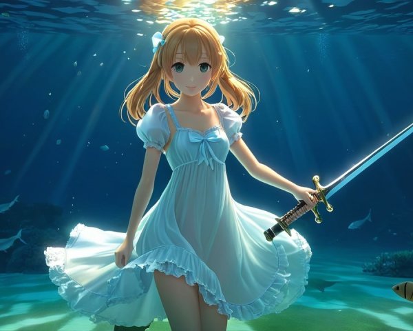 Underwater Scene of Anime Girl with Sword and Fish