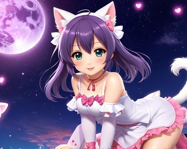 Whimsical Anime Character with Cat Ears and Moonlit Scene