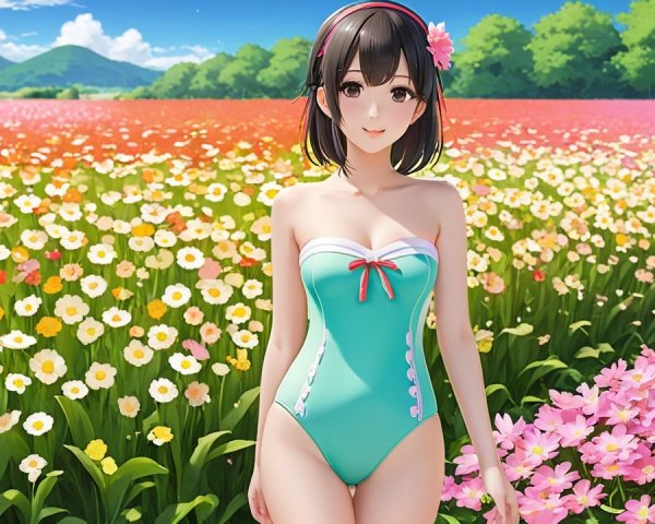 Young woman in turquoise swimsuit in flower field