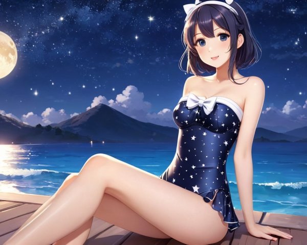 Young Woman in Star-Patterned Swimsuit by Ocean