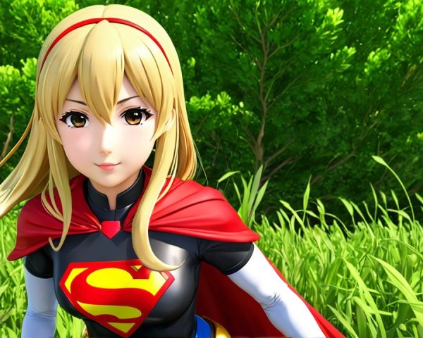 Stylized superhero character in a green field
