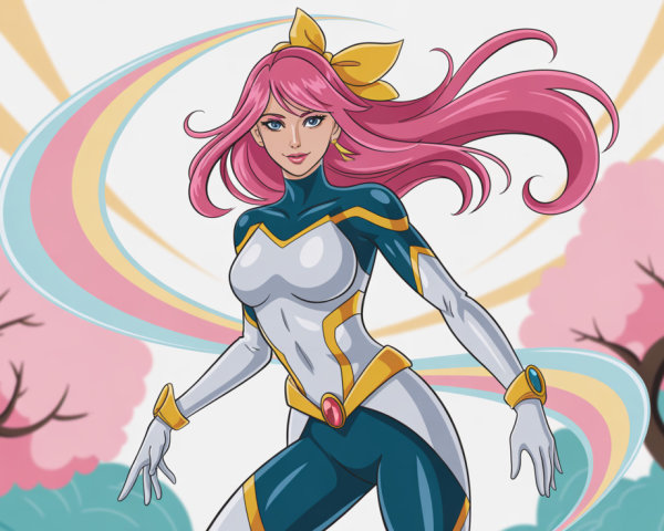 Female superhero with pink hair in blue and white suit